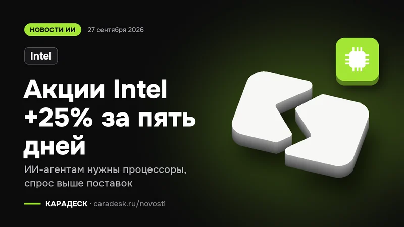 Обложка новости — Intel: Акции Intel +25% за пять дней. ИИ-агентам нужны процессоры, спрос выше поставок. Объёмный знак КАРАДЕСК и значок темы «чип»