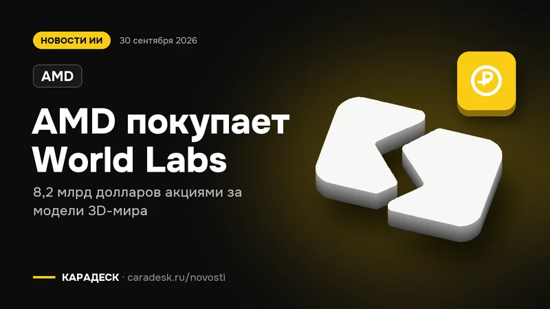 Обложка новости — AMD: AMD покупает World Labs. 8,2 млрд долларов акциями за модели 3D-мира. Объёмный знак КАРАДЕСК и значок темы «деньги»