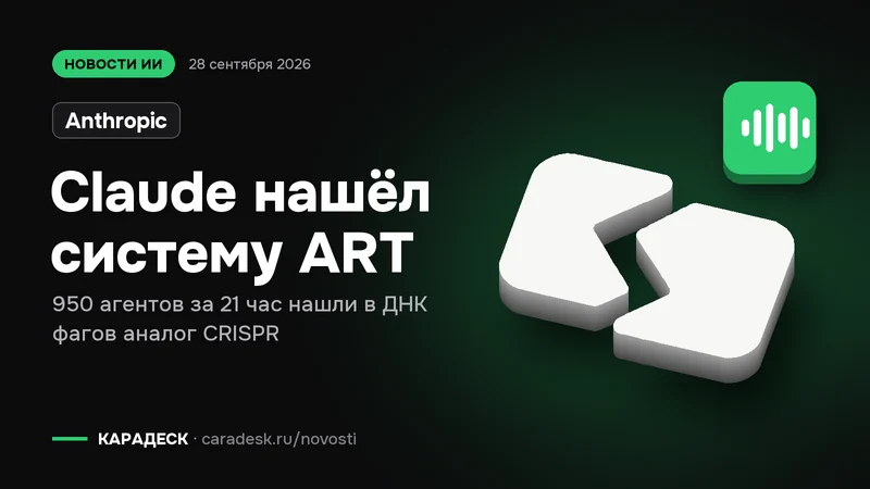 Обложка новости — Anthropic: Claude нашёл систему ART. 950 агентов за 21 час нашли в ДНК фагов аналог CRISPR. Объёмный знак КАРАДЕСК и значок темы «агент»