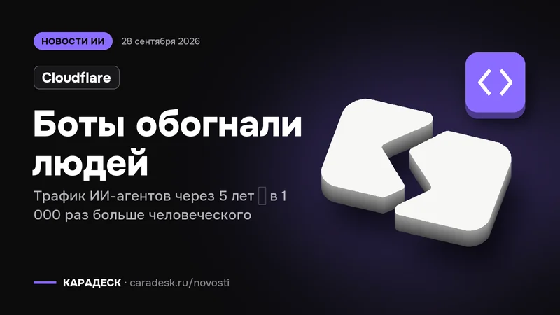 Обложка новости — Cloudflare: Боты обогнали людей. Трафик ИИ-агентов через 5 лет — в 1 000 раз больше человеческого. Объёмный знак КАРАДЕСК и значок темы «код»