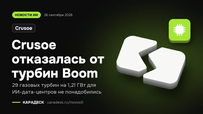 Обложка новости — Crusoe: Crusoe отказалась от турбин Boom. 29 газовых турбин на 1,21 ГВт для ИИ-дата-центров не понадобились. Объёмный знак КАРАДЕСК и значок темы «чип»