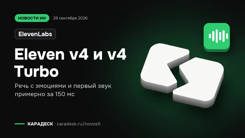 Обложка новости — ElevenLabs: Eleven v4 и v4 Turbo. Речь с эмоциями и первый звук примерно за 150 мс. Объёмный знак КАРАДЕСК и значок темы «звук»