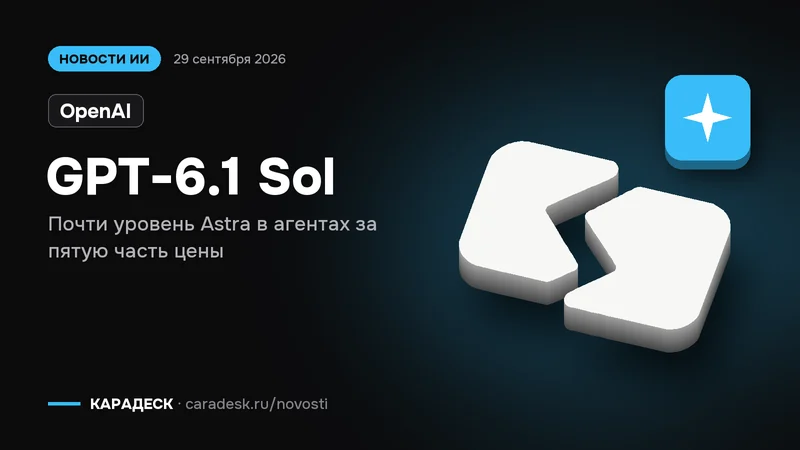 Обложка новости — OpenAI: GPT-6.1 Sol. Почти уровень Astra в агентах за пятую часть цены. Объёмный знак КАРАДЕСК и значок темы «модель»