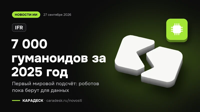 Обложка новости — IFR: 7 000 гуманоидов за 2025 год. Первый мировой подсчёт: роботов пока берут для данных. Объёмный знак КАРАДЕСК и значок темы «чип»