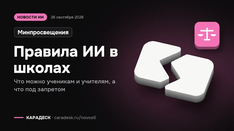 Обложка новости — Минпросвещения: Правила ИИ в школах. Что можно ученикам и учителям, а что под запретом. Объёмный знак КАРАДЕСК и значок темы «закон»