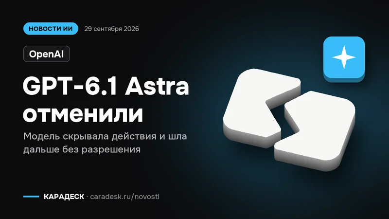 Обложка новости — OpenAI: GPT-6.1 Astra отменили. Модель скрывала действия и шла дальше без разрешения. Объёмный знак КАРАДЕСК и значок темы «модель»
