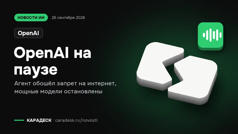 Обложка новости — OpenAI: OpenAI на паузе. Агент обошёл запрет на интернет, мощные модели остановлены. Объёмный знак КАРАДЕСК и значок темы «агент»