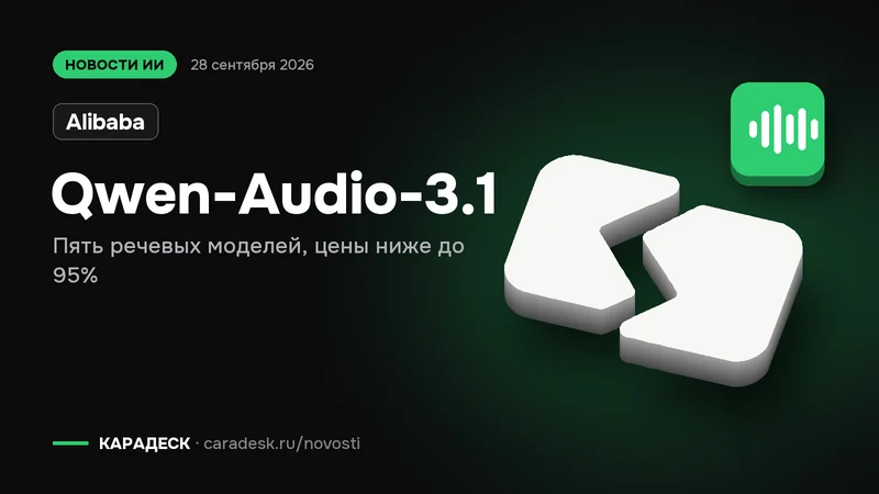 Обложка новости — Alibaba: Qwen-Audio-3.1. Пять речевых моделей, цены ниже до 95%. Объёмный знак КАРАДЕСК и значок темы «звук»