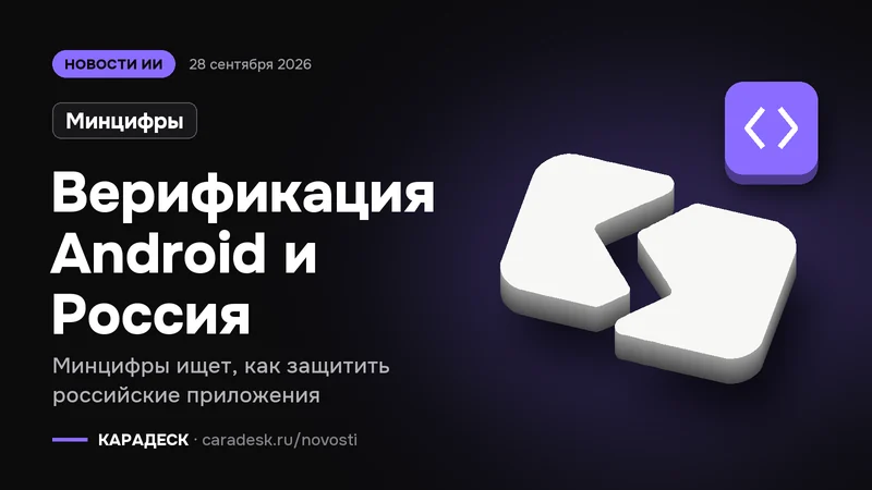 Обложка новости — Минцифры: Верификация Android и Россия. Минцифры ищет, как защитить российские приложения. Объёмный знак КАРАДЕСК и значок темы «код»