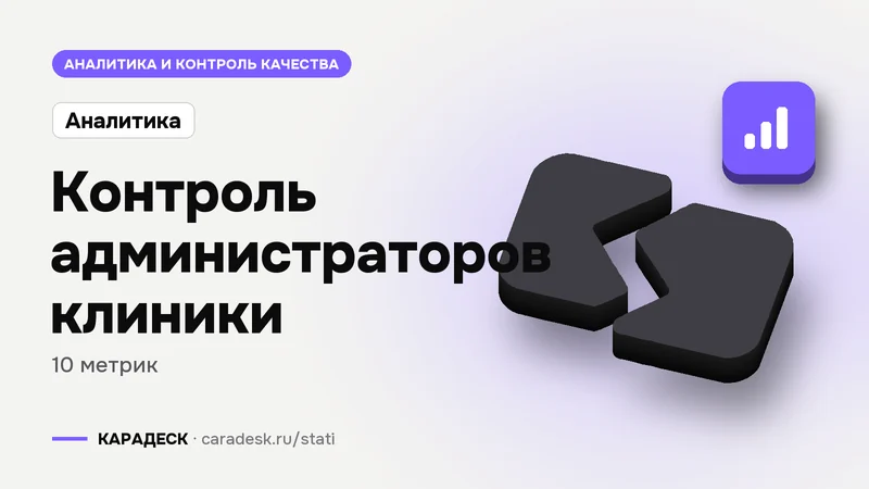 Обложка статьи — Контроль администраторов клиники. 10 метрик. Плашка «Аналитика», объёмный знак КАРАДЕСК и значок темы «диаграмма»